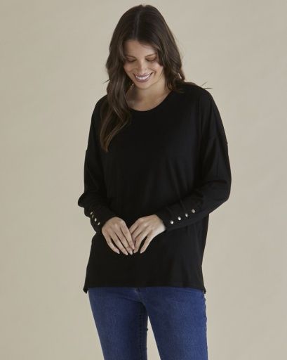 Ribbed Long Sleeve Tee, Size: 18, Colour: BLACK