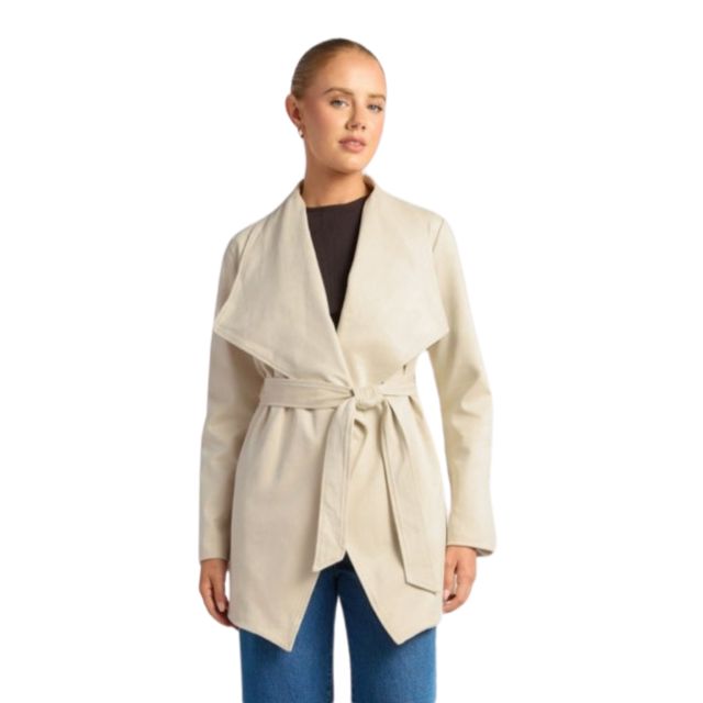 Suede Effect belted Jacket Ivory