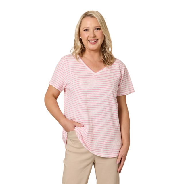 Pink Stripe V Tee