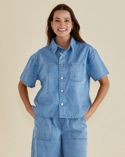 Saffra Short Sleeve Denim Shirt, Colour: MEDIUM WASH, Size: 8
