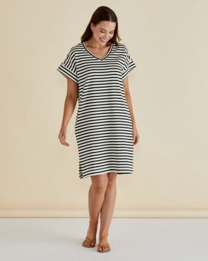 ELISE V-NECK RIB DRESS, Colour: WHITE/BLACK STRIPE, Size: 8