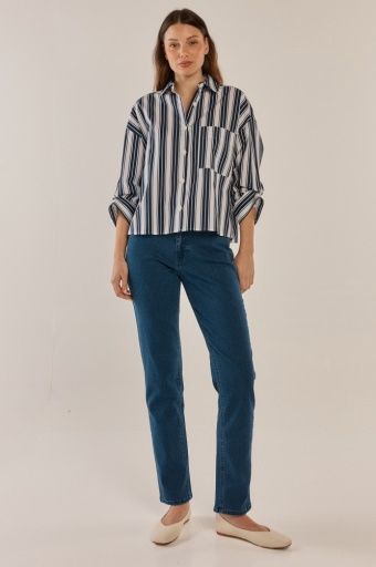ERIN CROP SHIRT, Colour: NAVY/WHITE STRIPE, Size: 10
