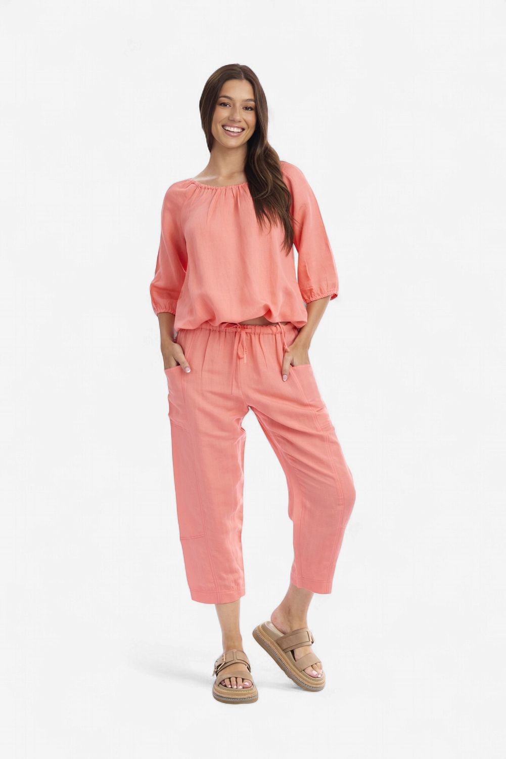Linen Solid Gathered Neck Linen Solid Gathered Neck