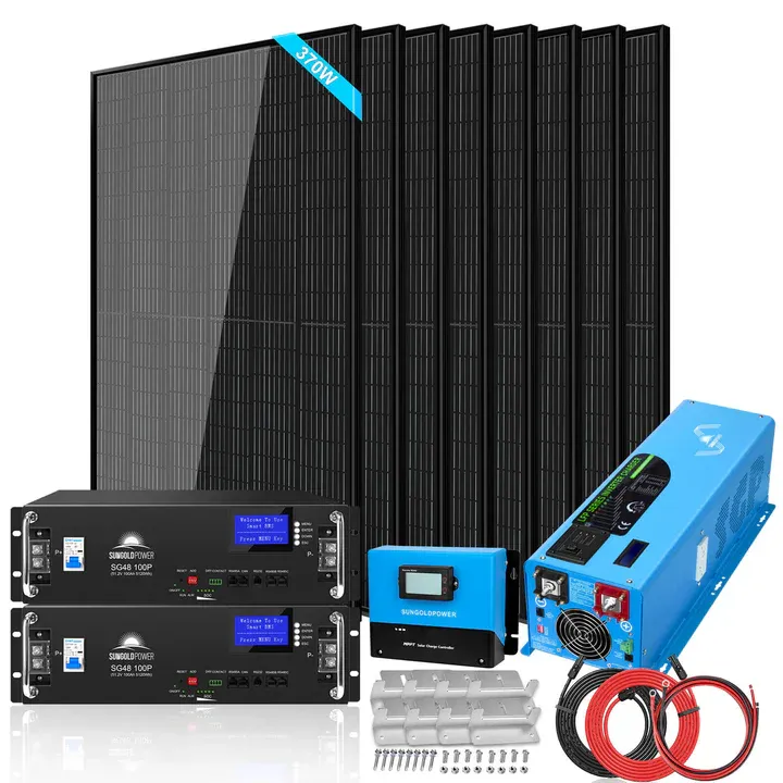 Off-Grid Solar Kit 6000W 48VDC 120V/240V LifePo4 10.48KWH Server Rack Lithium Battery 8 X 370 Watts Solar Panels