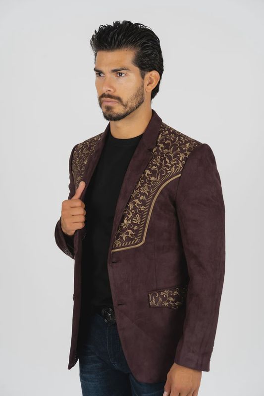 Platini BLZ8857 Dark Brown Embrodered Faux-Suede Blazer