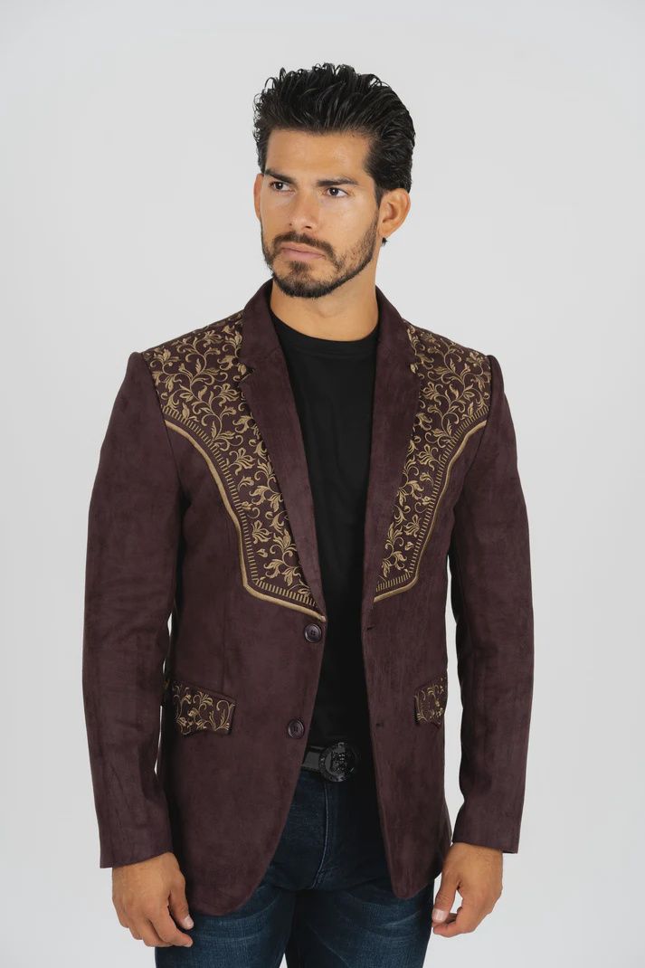 PLATINI BLZ8857 DARK BROWN EMBROIDERED FAUX-SUEDE BLAZER