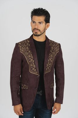 PLATINI BLZ8857 DARK BROWN EMBROIDERED FAUX-SUEDE BLAZER