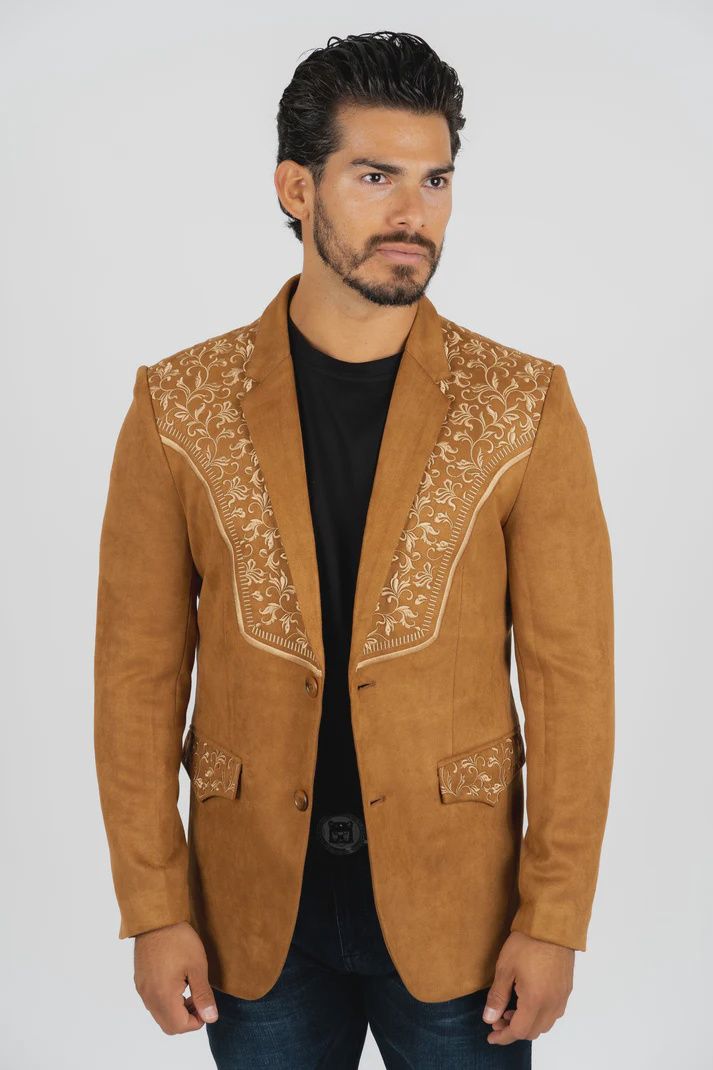 PLATINI BLZ8856 CAMEL EMBROIDERED FAUX-SUEDE BLAZER