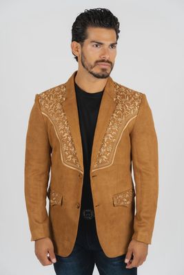 PLATINI BLZ8856 CAMEL EMBROIDERED FAUX-SUEDE BLAZER