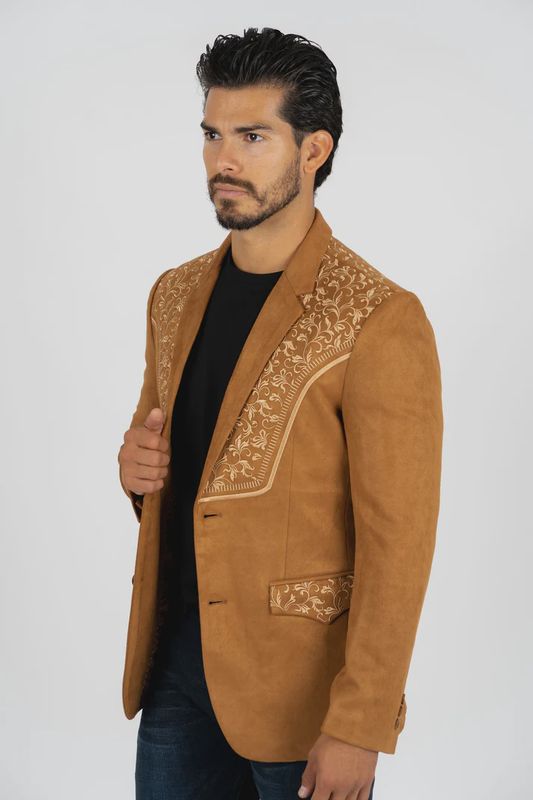 Platini BLZ8856 Camel Embrodered Faux-Suede Blazer