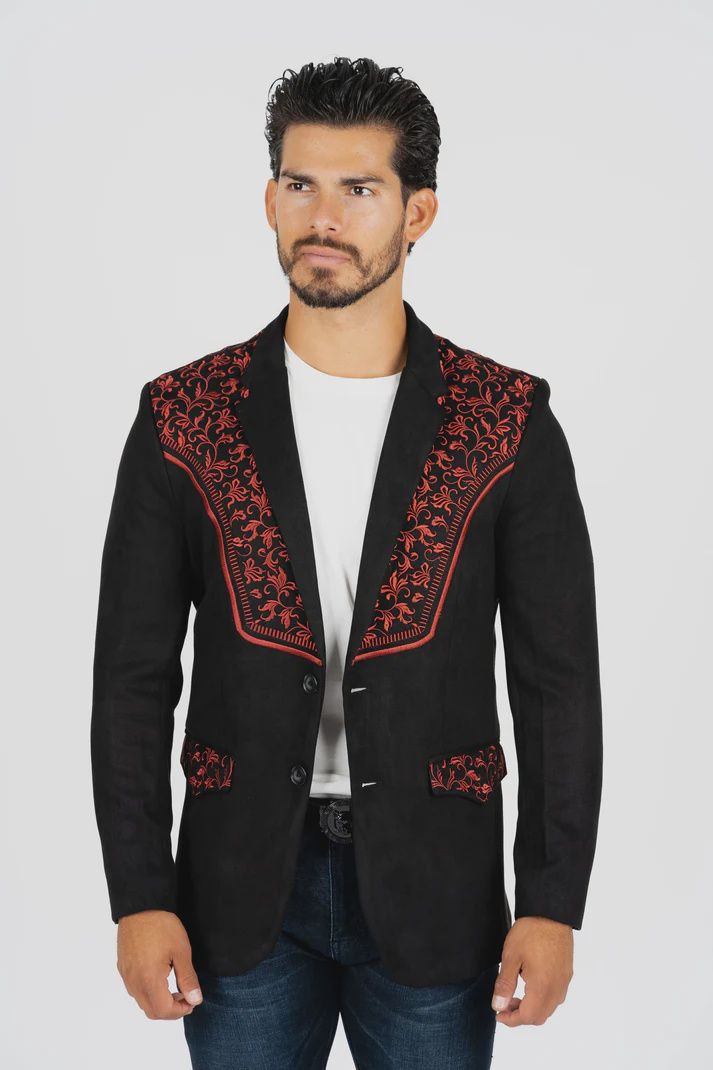 PLATINI BLZ8858 Black/Burgundy Embroidered Faux-Suede Blazer