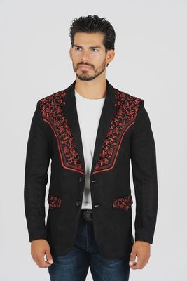 PLATINI BLZ8858 Black/Burgundy Embroidered Faux-Suede Blazer