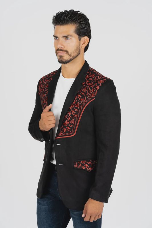 Platini BLK/Burgundy  Embroidery Faux-Suede  Blazer