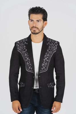 PLATINI BLZ8855 BLACK EMBROIDERED FAUX-SUEDE BLAZER