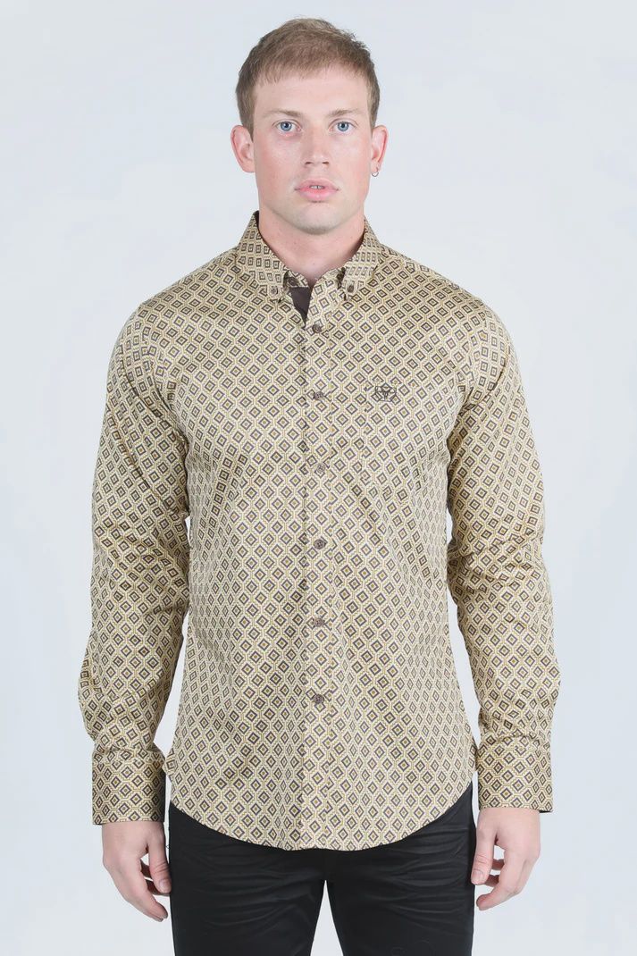 PLATINI CWL9664 SATIN COTTON/SPANDEX MODERN FIT LONG SLEEVE SHIRT - BEIGE