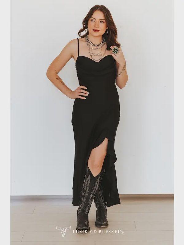 Lucky  &amp; Blessed  DR703 Black   Strap  Front  Slit  Dress