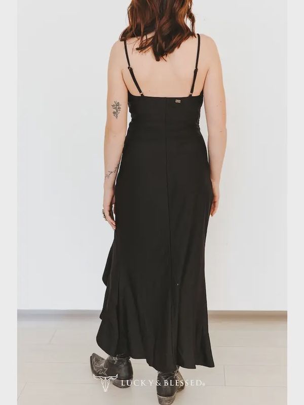 Lucky  &amp; Blessed  DR703 Black   Strap  Front  Slit  Dress