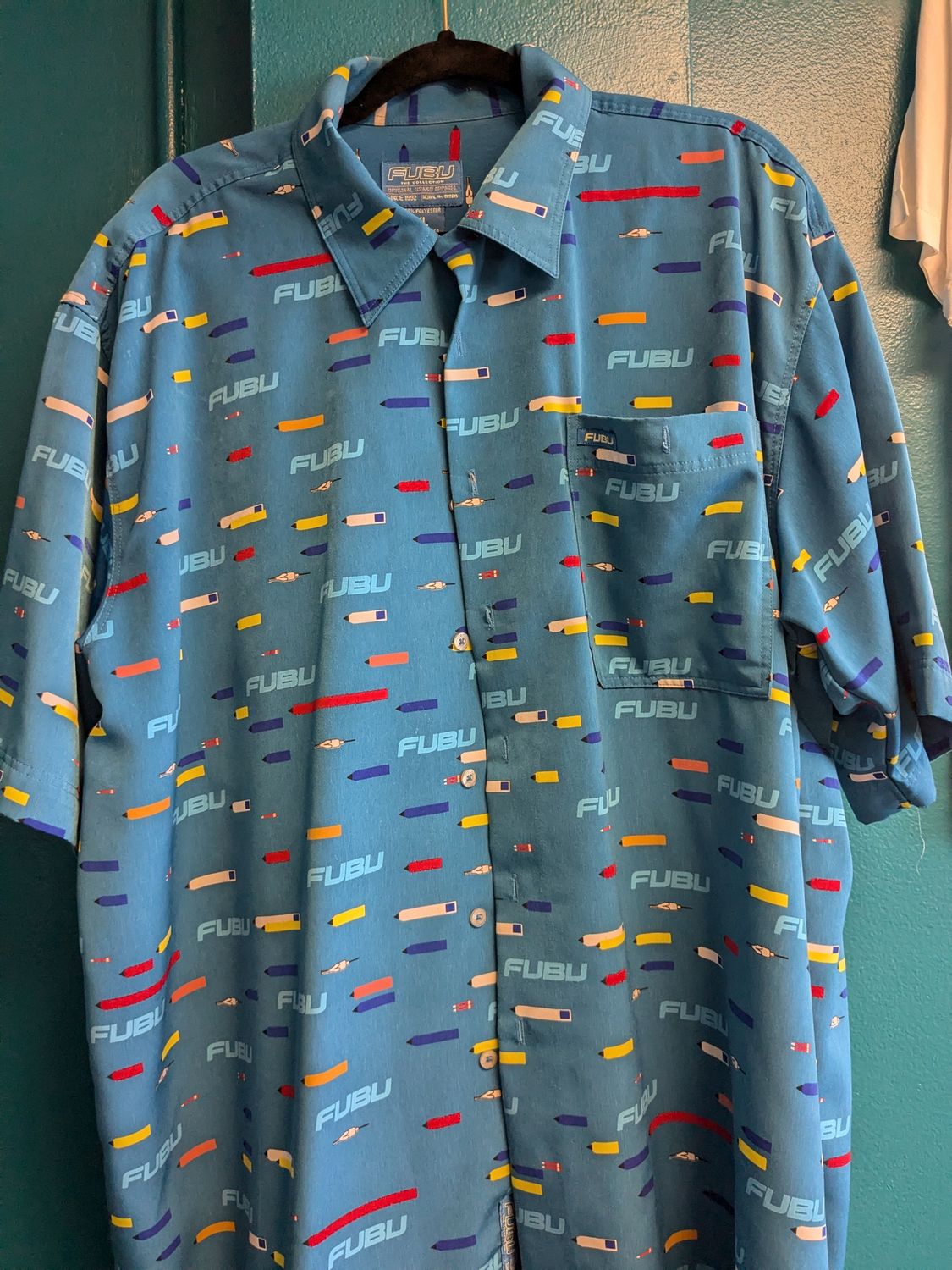 Fubu - Short Sleeve Button-Up Shirt – Blue/Graphic - XL
