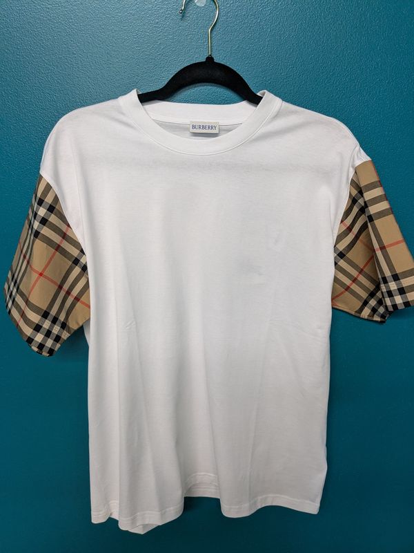 NWT Burberry Check Sleeve  T-Shirt White - S (Wmns Size)