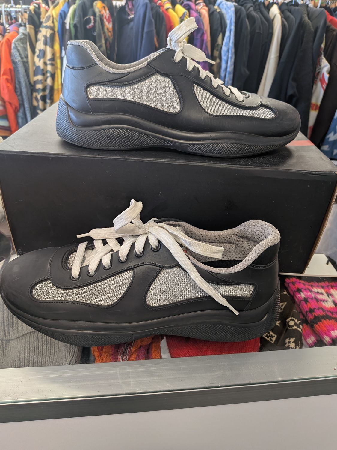 Prada AC Silver/Black Matte Rubber Sneakers (box) Sz 8