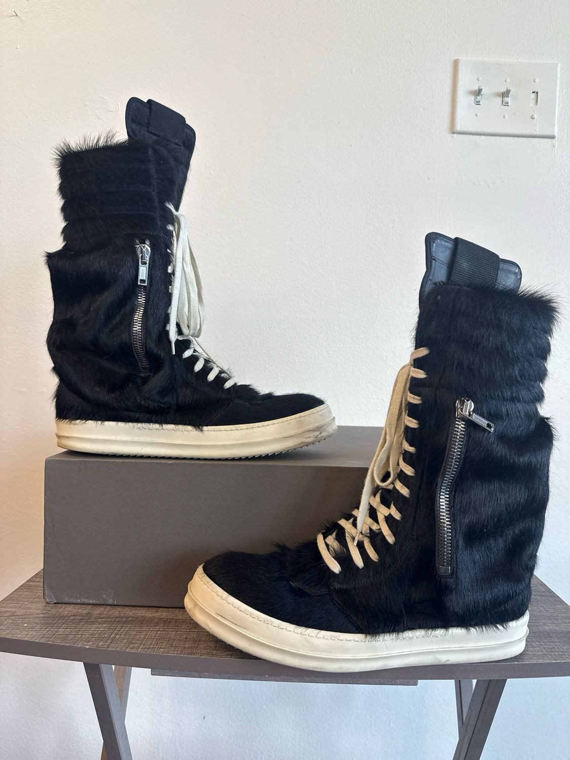 Rick Owens CargoBaskets Black Pony Hair Sz 12 (box)