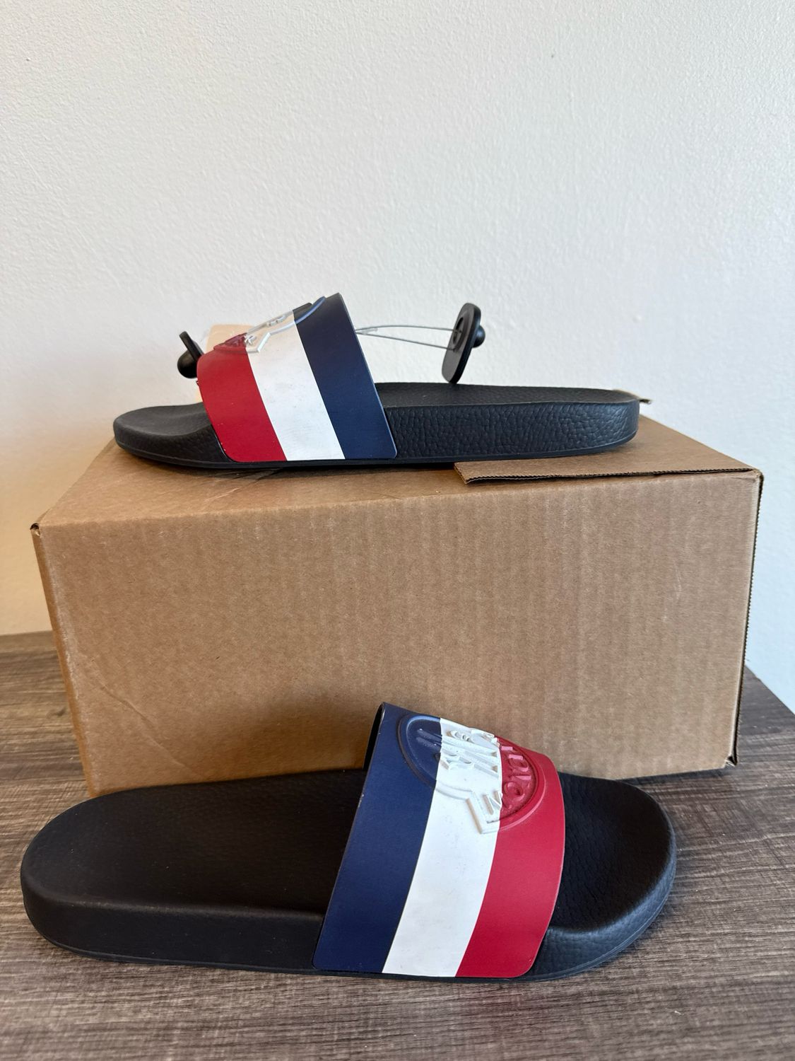 Moncler Red and Blue Slides Sz 44