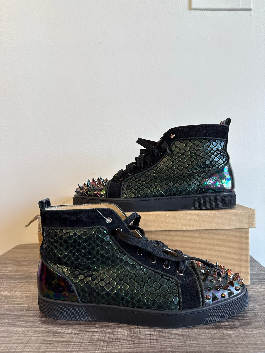 Louboutin - Iridescent Green High-Top Spike Sneakers - 46 (no box)