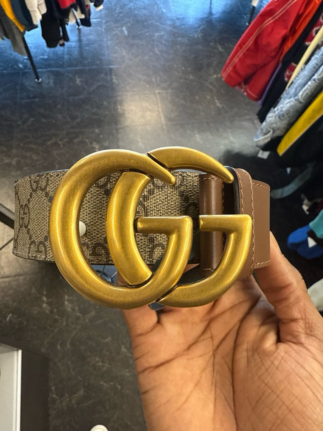 Gucci Belt GG Beige/Brown Gold Buckle Sz 38