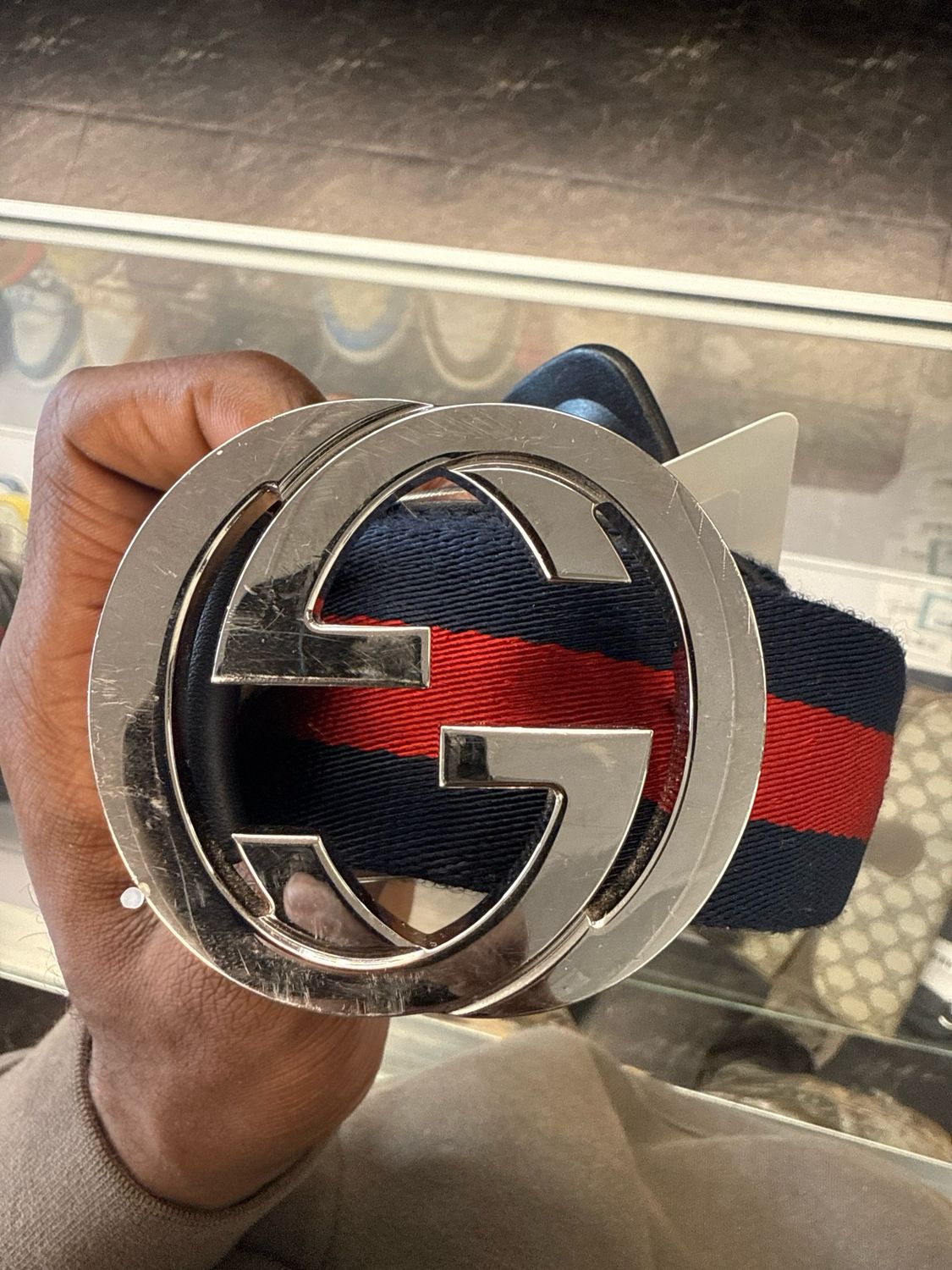 Gucci Navy/Red Fabric Belt Sz 36