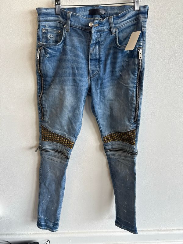 Amiri Blue Jeans Leopard Print Patch Sz 33