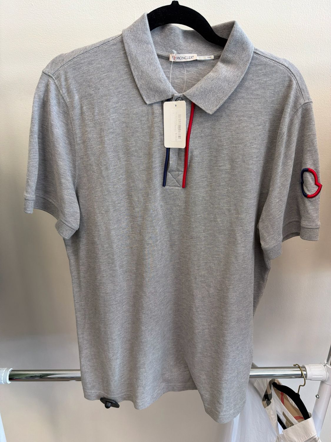 Moncler Polo Grey Navy/Red Stripe Neck Sz L
