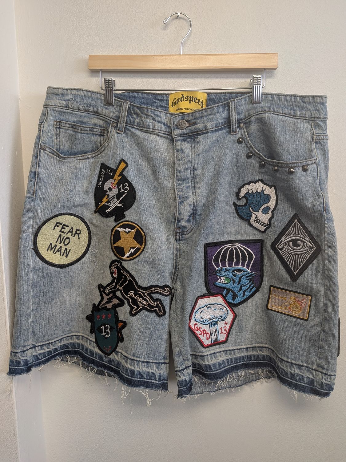 Godspeed Patches Jean Shorts Sz 38