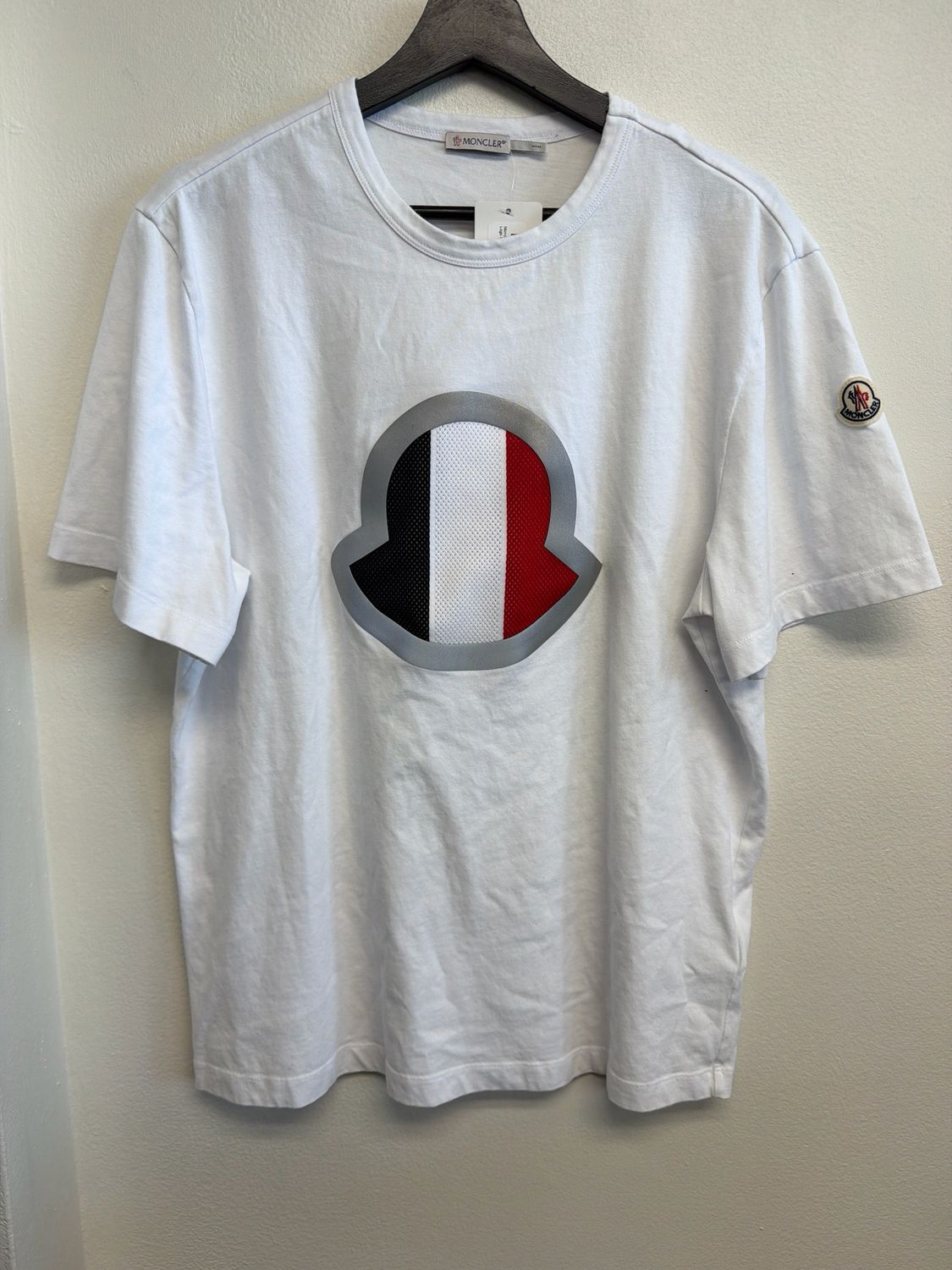 Moncler White Tee Mesh Logo Sz L
