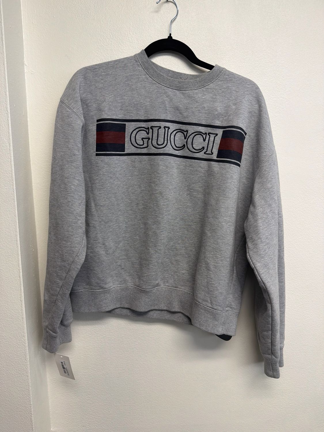 Gucci Grey Crewneck Spellout/Stripe Sz M