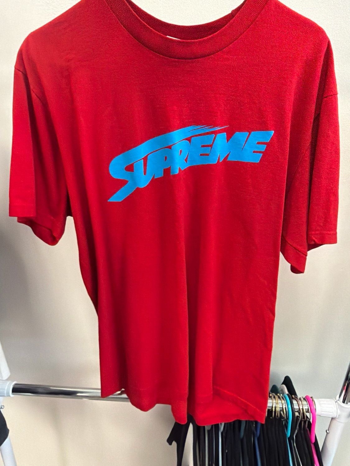 Supreme Red Tee Blue Spellout Sz L