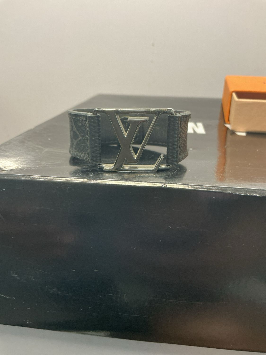 Louis Vuitton Black Monogram Leather/Silver Buckle Bracelet Some Scratching Sz 19
