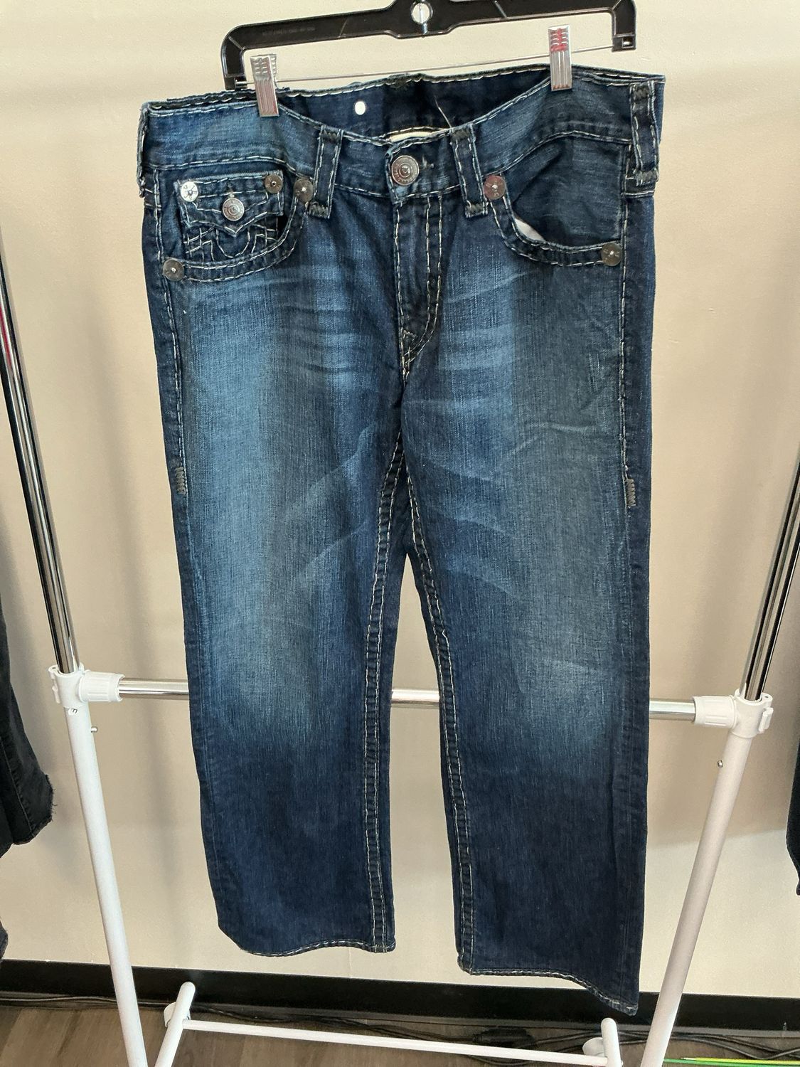 True Religion Blue Jeans Black/White Stitches Sz 38