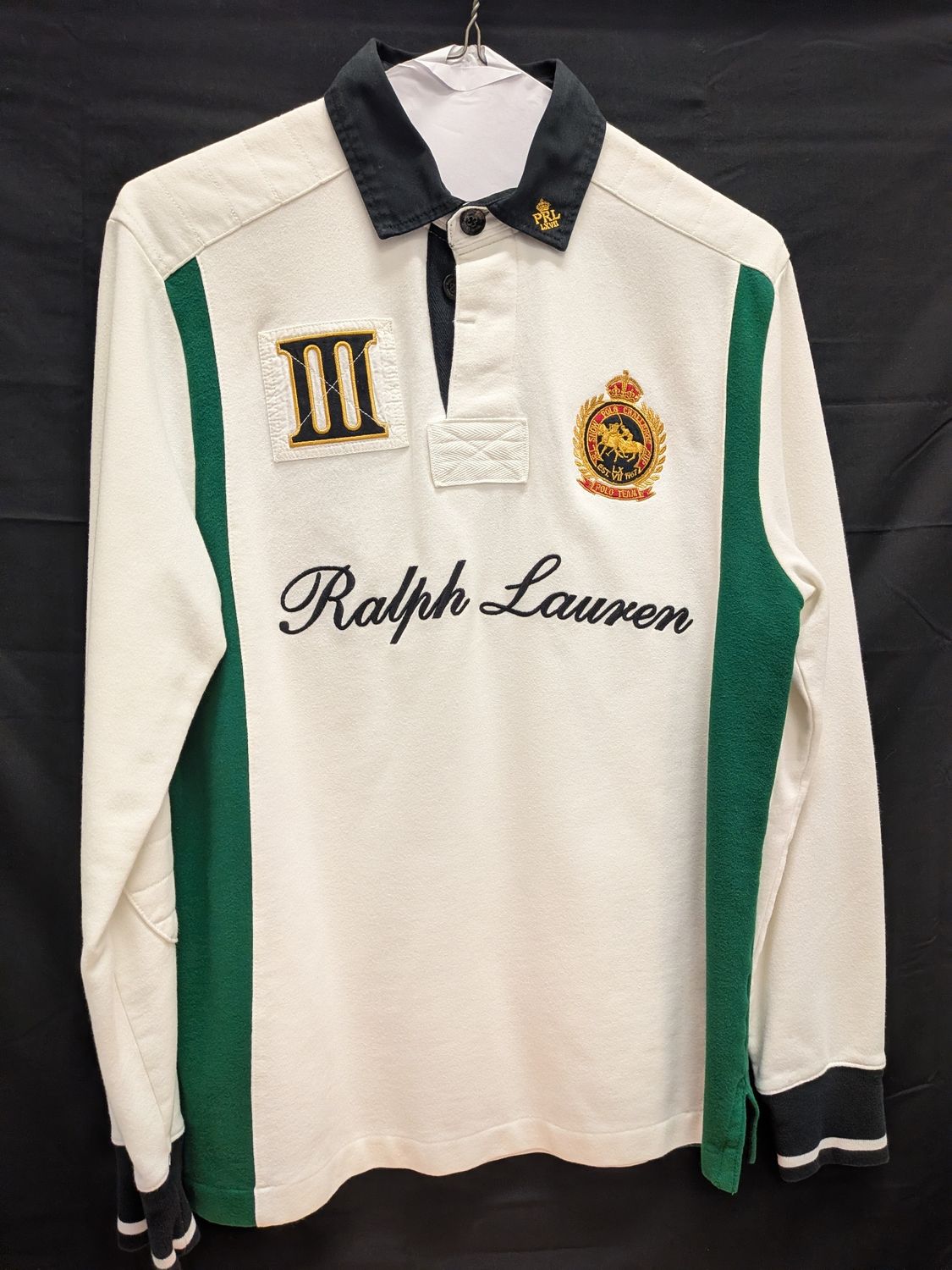 Polo RL White/Green LS Rugby Shirt Sz M