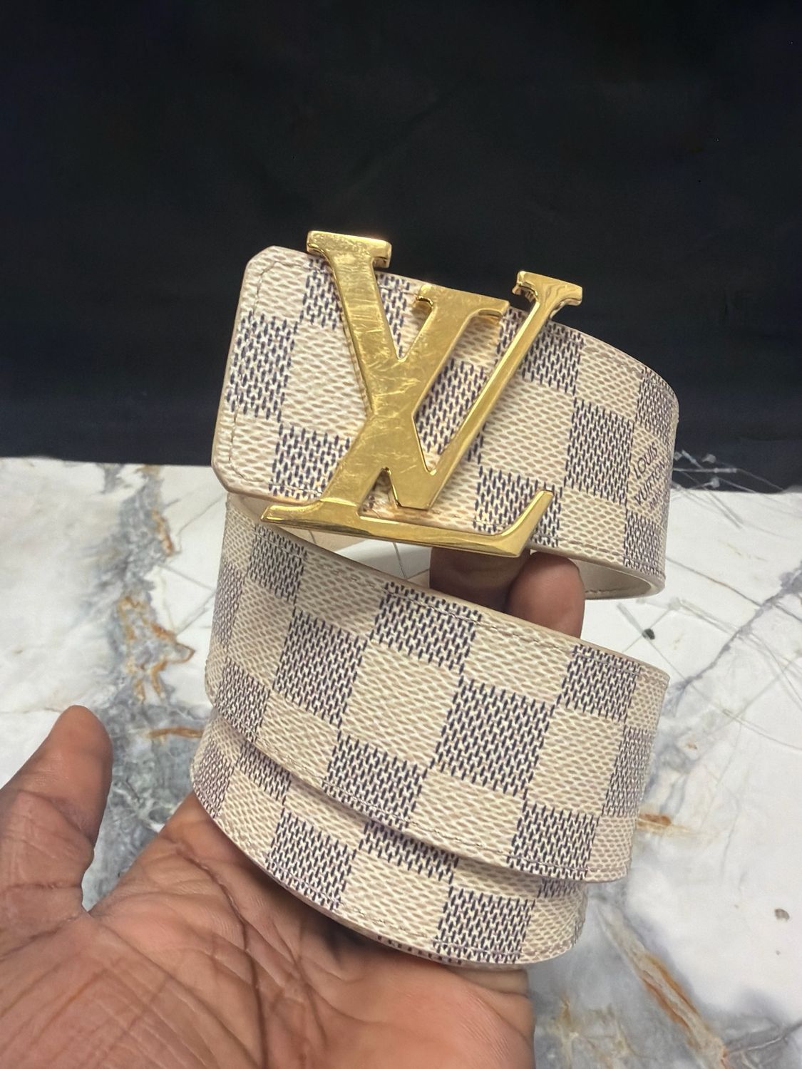 Louis Vuitton Belt Tan/Blue Checkered Sz 36