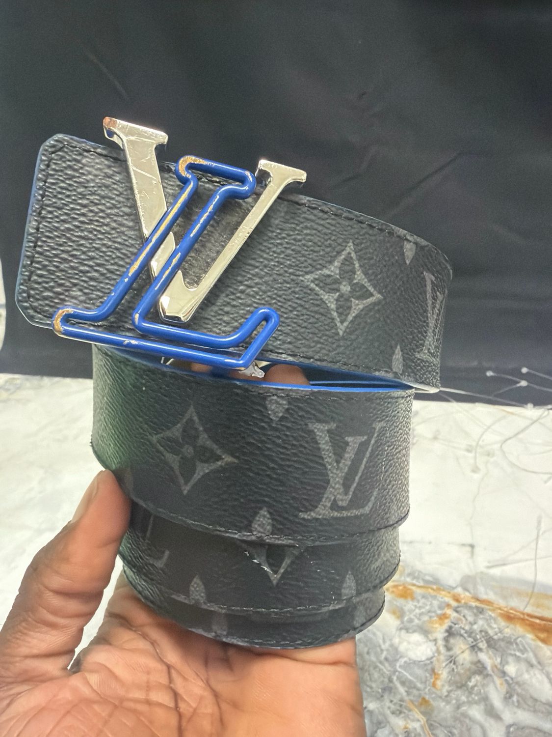 Louis Vuitton Belt Black Monogram/Blue Buckle Sz 36