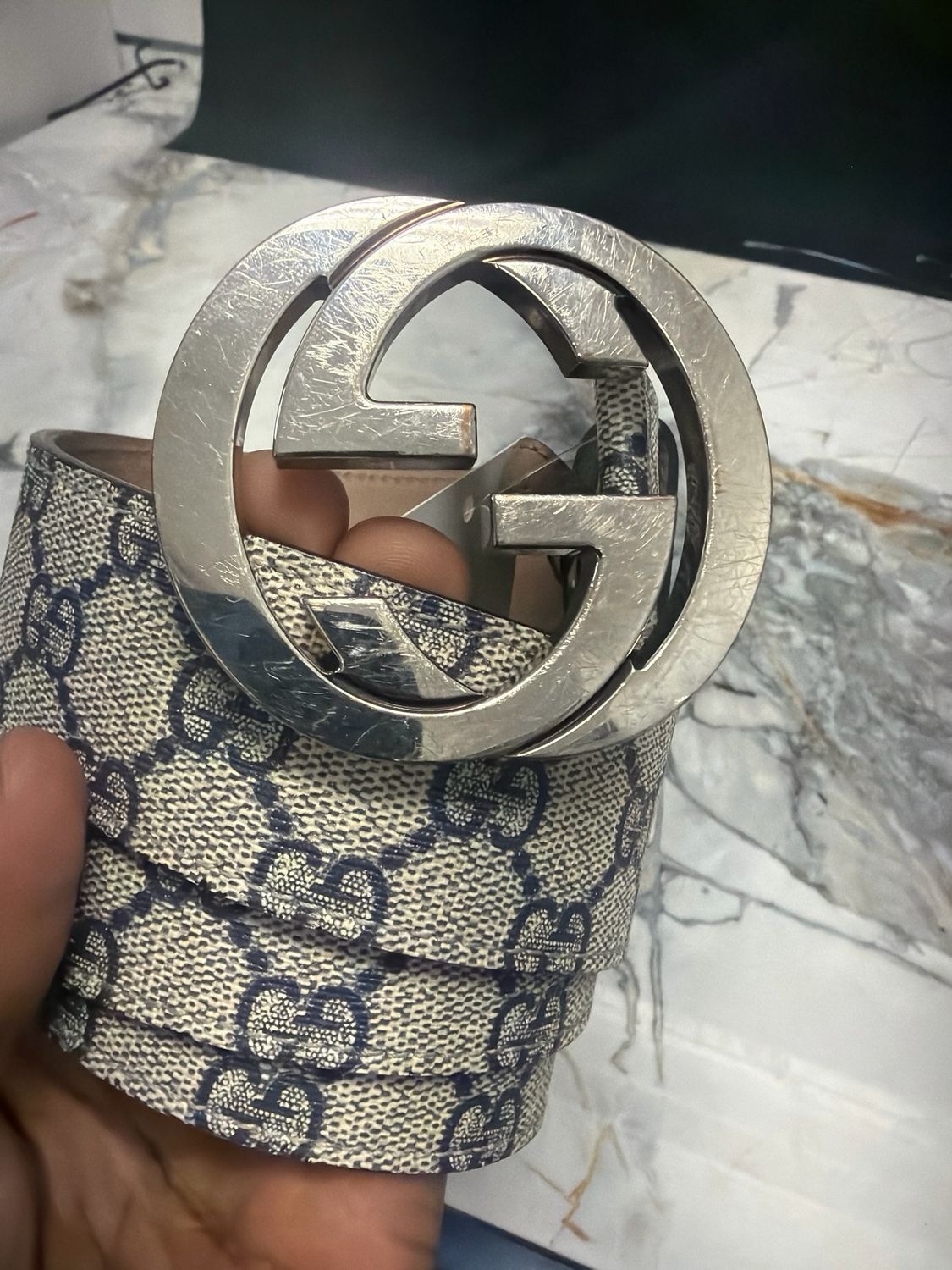 Gucci Belt GG Buckle Tan/Navy Sz 36