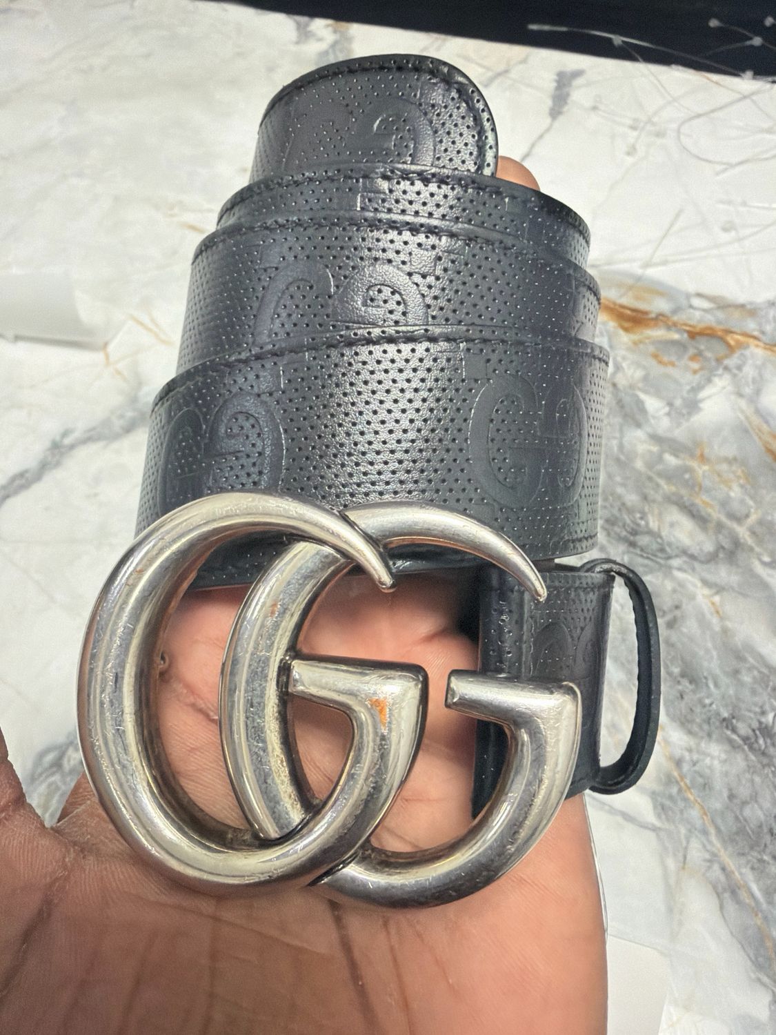Gucci GG Black Belt Silver GG Buckle Sz 36