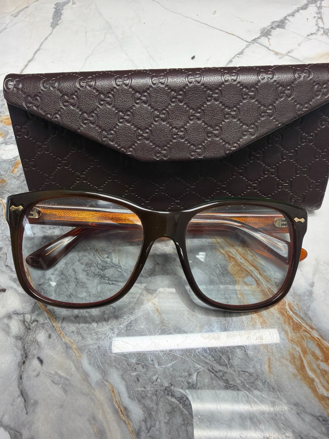 Gucci Brown/Red Clear Glasses