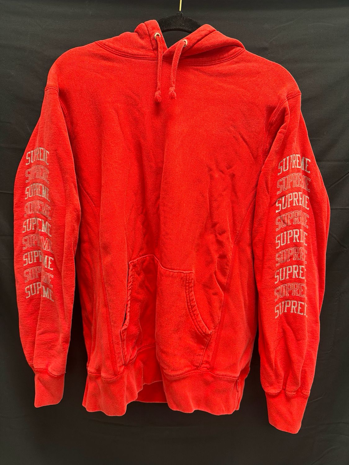 Supreme Red Hoodie Spellout Sleeve Sz M