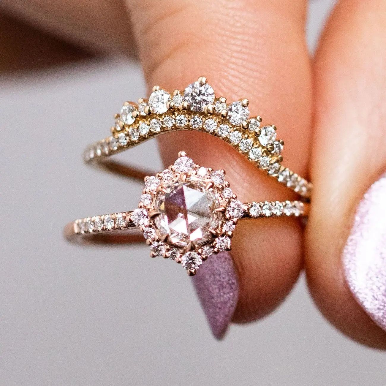Sterling Silver Natural Rose Quartz Ring Set