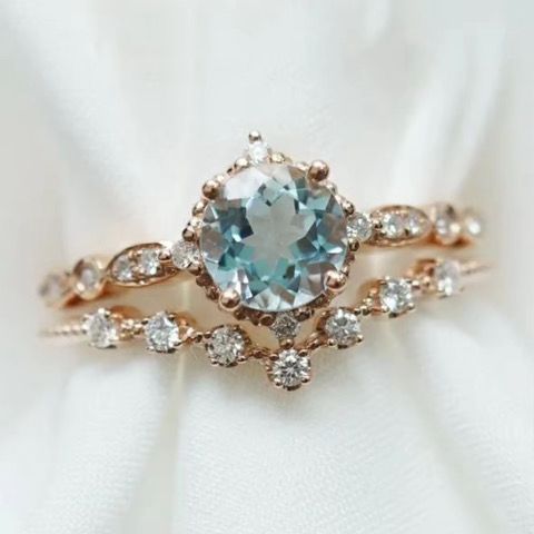Sterling Silver 18k gold plated Aquamarine Ring Set