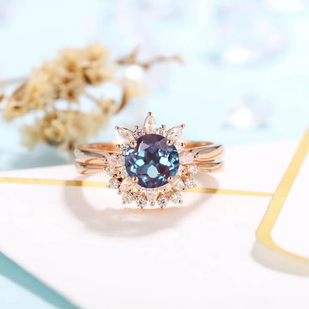 Sterling Silver 18k Gold Plated Alexandrite Ring Set