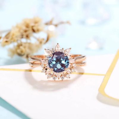 Sterling Silver 18k Gold Plated Alexandrite Ring Set