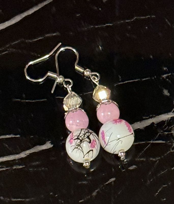 Purple And White Earrings, Stainless Steel