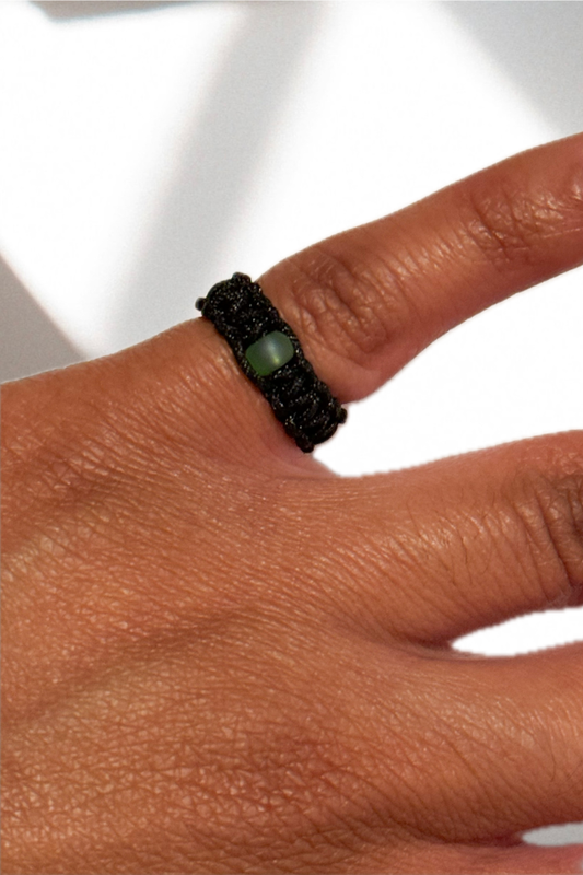 Black Braided Ring w/ Sea Green Bead